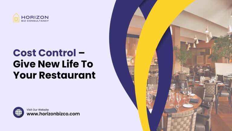 A person managing restaurant finances with a calculator and receipts. Text overlay reads 'Cost Control – Give New Life To Your Restaurant