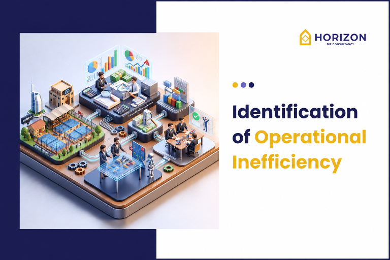 A 3D illustration by Horizon Biz Consultancy titled "Identification of Operational Inefficiency," depicting the business and financial due diligence process for a Dubai Padel sports facility.