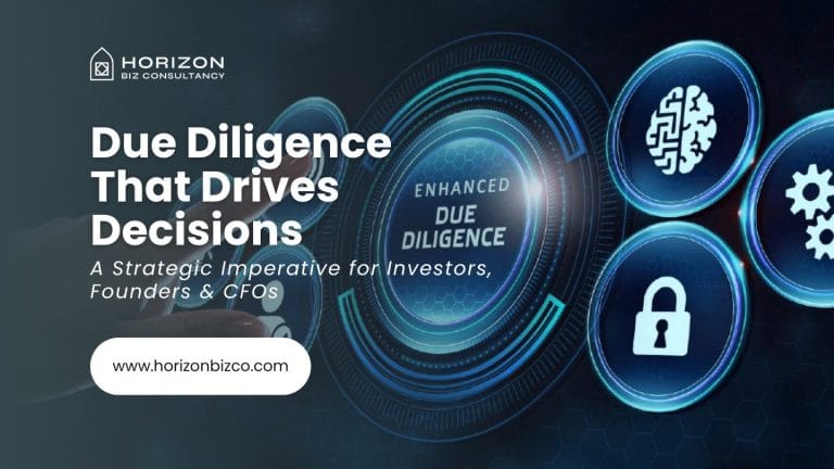 Due Diligence process with digital icons representing analysis, security, and strategy by Horizon Biz Consultancy
