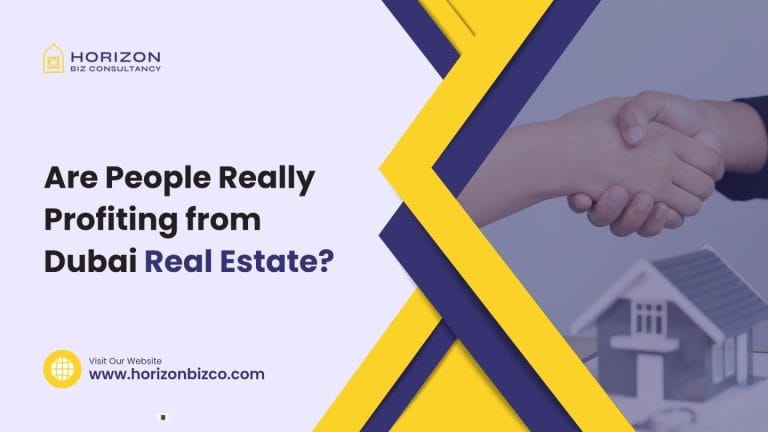 Handshake over a miniature house model with bold text asking if people are profiting from Dubai real estate, and Horizon Biz Consultancy branding.