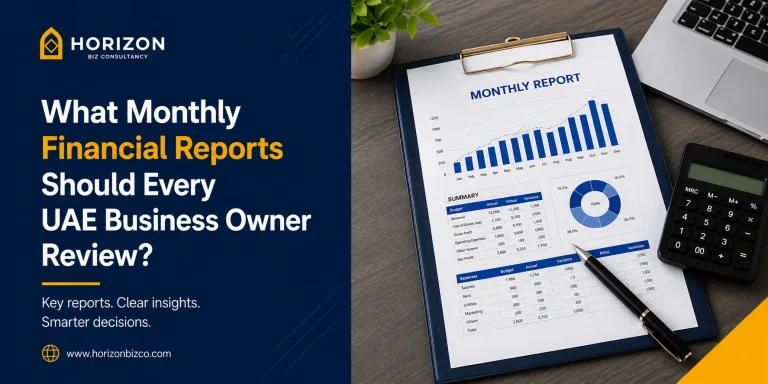 Clipboard showing a monthly financial report with charts and a calculator, highlighting key financial reports every UAE business owner should review.