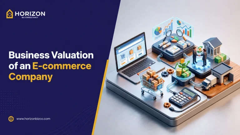 A 3D digital illustration titled "Business Valuation of an E-commerce Company" by Horizon Biz Consultancy, featuring a laptop with an online store, financial charts, a shopping cart, and a calculator representing financial analysis.