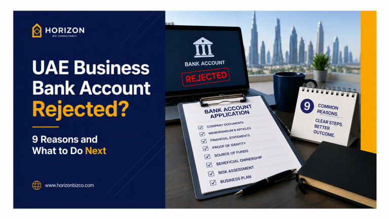 Graphic illustrating a rejected UAE business bank account on a laptop alongside an application checklist and 9 common reasons for rejection.