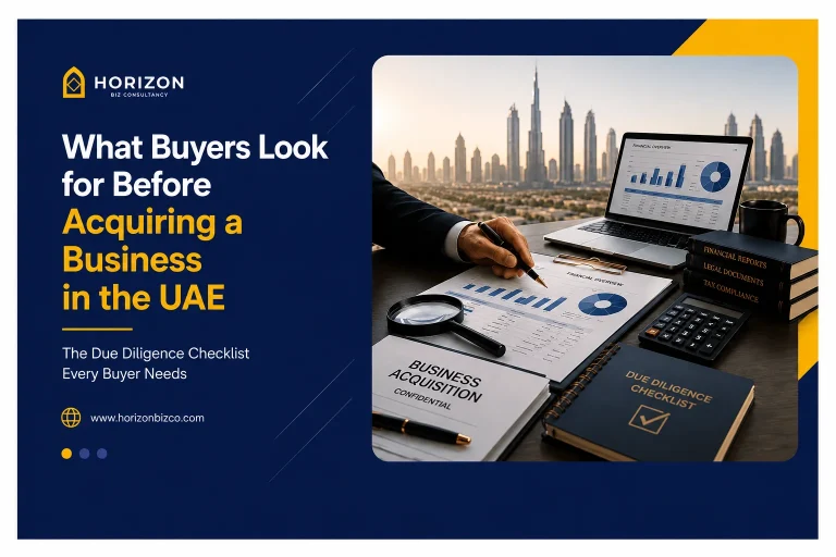 Professional reviewing financial reports and a due diligence checklist for acquiring a business in the UAE.