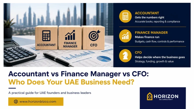 Comparison of Accountant, Finance Manager, and CFO roles for UAE business needs by Horizon Biz Consultancy.